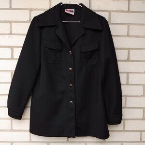 Vintage 70s Black Polyester Shirt Jacket Wide Butterfly Collar 40.5" Bust Retro